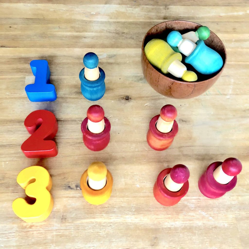 DIY Coloured Wooden Peg Dolls in Cups Numbers Game