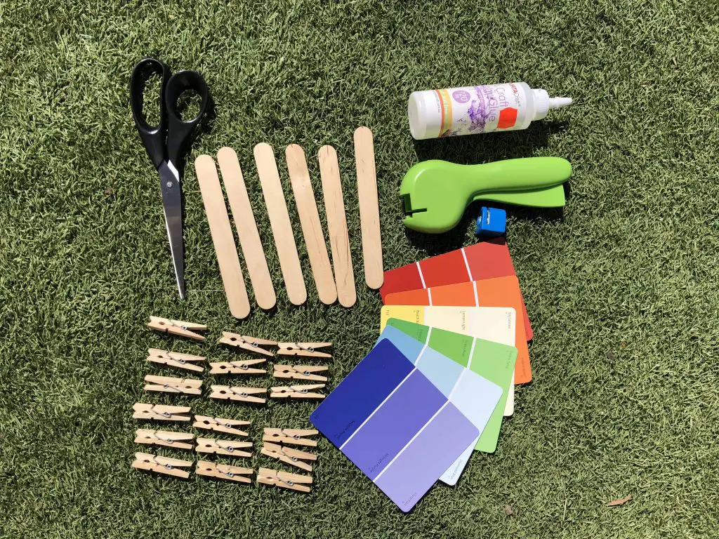 Supplies needed to create colour matching craft sticks and pegs