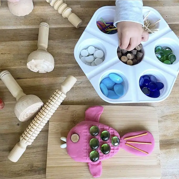 Play dough wooden stamps and textures rolling pins