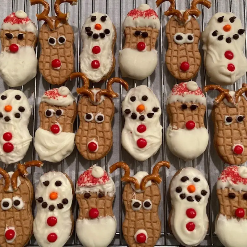 Nutter butter reindeer snowman and santa cookies