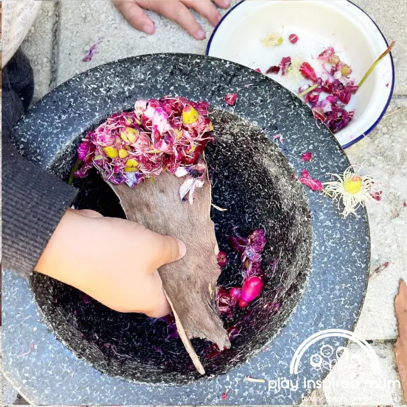 scooping flower play mortar and pestle