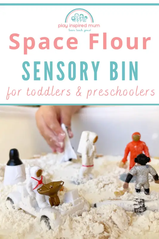 space themed flour sensory play bin pin