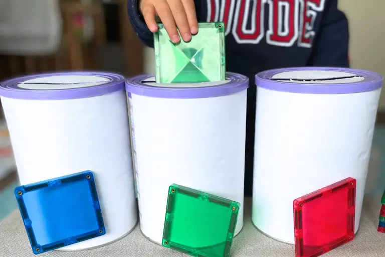 DIY Toddler Posting Activity with Repurposed Formula Tins and Magnetic Tiles